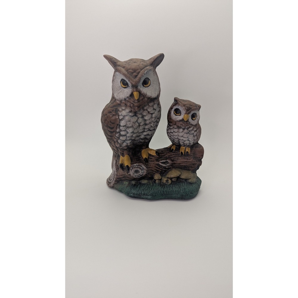 Vintage Ceramic Owl and Owlet Figurine on Log Woodland Decor 7 Inch Nature Perch